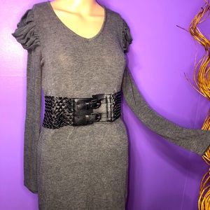 Long sleeve belted puff shoulder stretch Dress